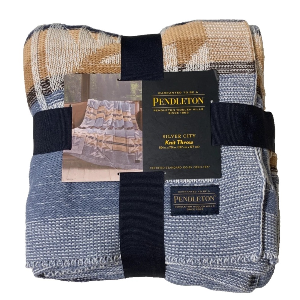 Pendleton Silver City Knit Throw - Blue and Brown 100% COTTON